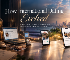 Evolution of dating devices from old desktop monitor and laptop to mobile phones against a city skyline at sunset.