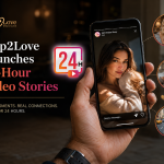 Step2Love promotional image: hand holds phone displaying new 24-hour video stories to find international soulmates.