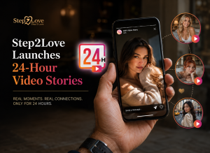 Step2Love promotional image: hand holds phone displaying new 24-hour video stories to find international soulmates.