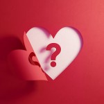Question mark inside of a red folding heart shape on white background. Horizontal composition with  copy space. Uncertainty concept.