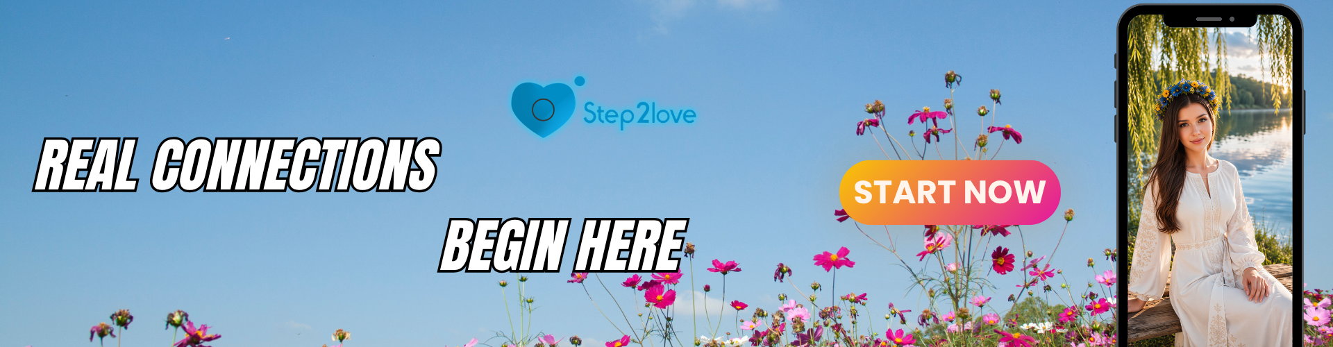 Banner for Step2Love dating site: meadow, woman in embroidered dress on phone screen, "START NOW" button.