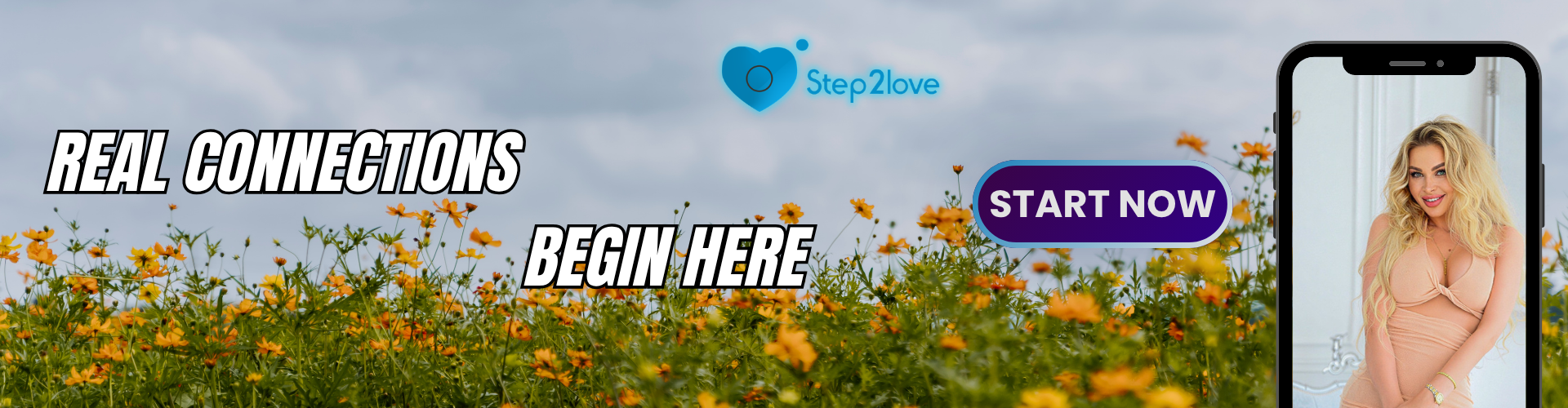 Promotional banner showing a smartphone and a meadow of yellow flowers.
