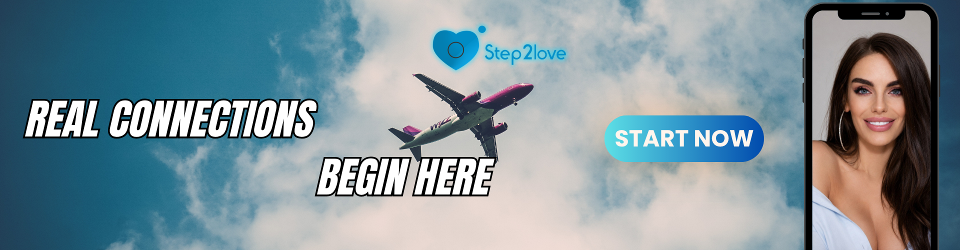 Step2Love banner: airplane in a cloudy sky, phone screen with a woman's portrait, and "START NOW" button.
