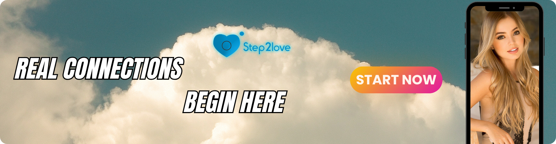 Step2Love promotional banner featuring clouds and a mobile app interface.