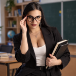 A dark-haired young woman—a "teacher" wearing glasses—is holding books in a classroom.