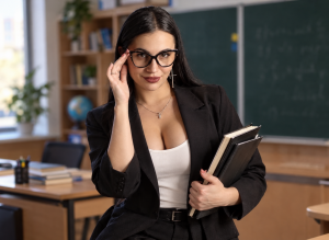 A dark-haired young woman—a "teacher" wearing glasses—is holding books in a classroom.