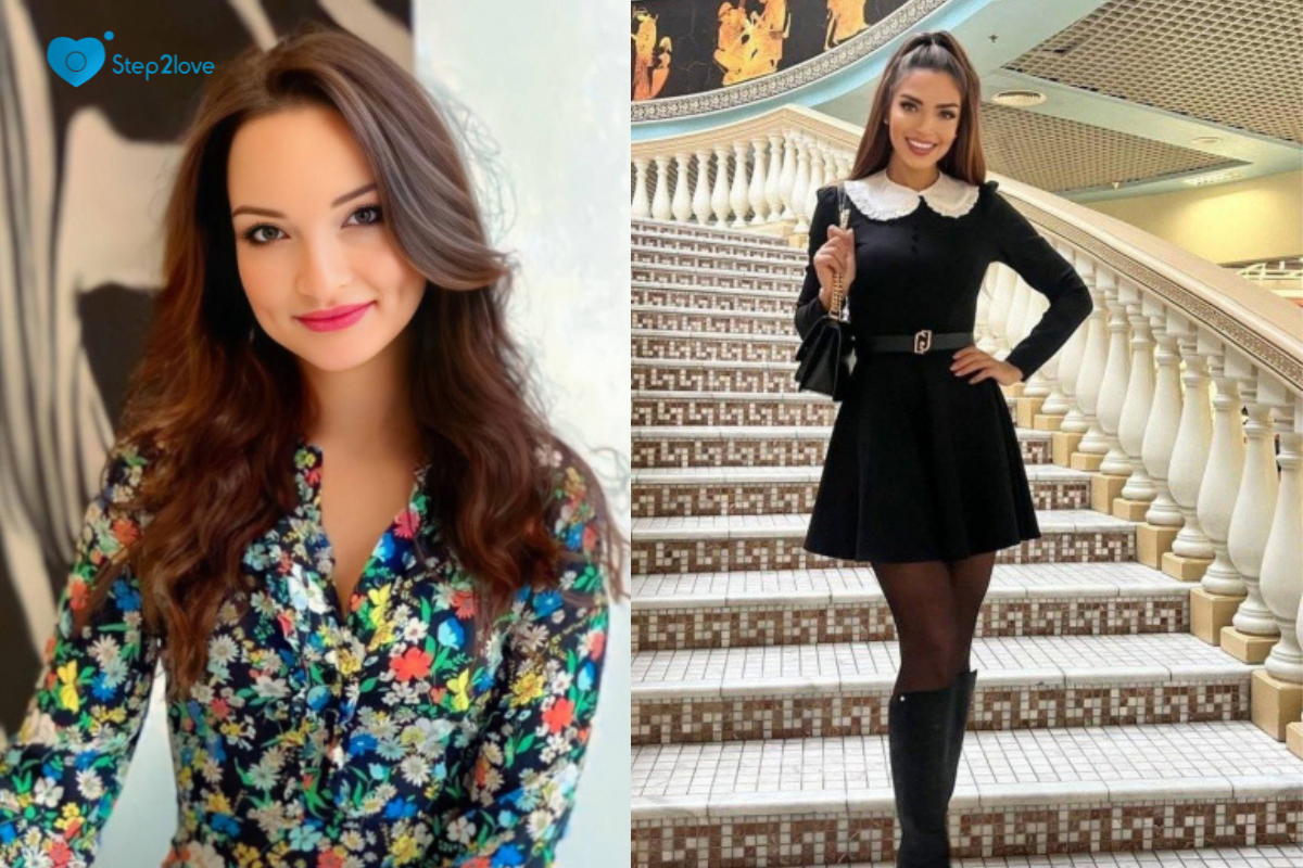 Step2Love split-screen portraits: smiling brunette woman in a floral blouse and smiling woman in a black dress and boots.