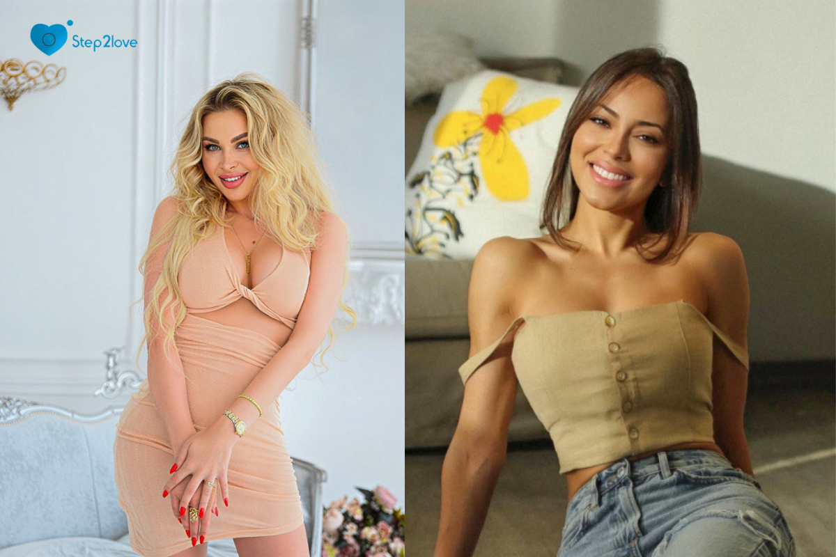 Step2Love split-screen portraits: smiling blonde woman in a beige two-piece dress and brunette woman in a tan strapless top.