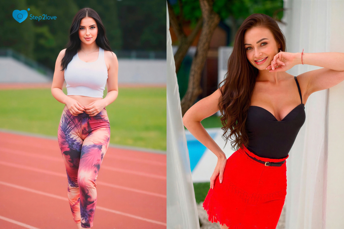 Split-screen: woman in white crop top and patterned leggings on a track, and smiling woman in black top and red skirt.