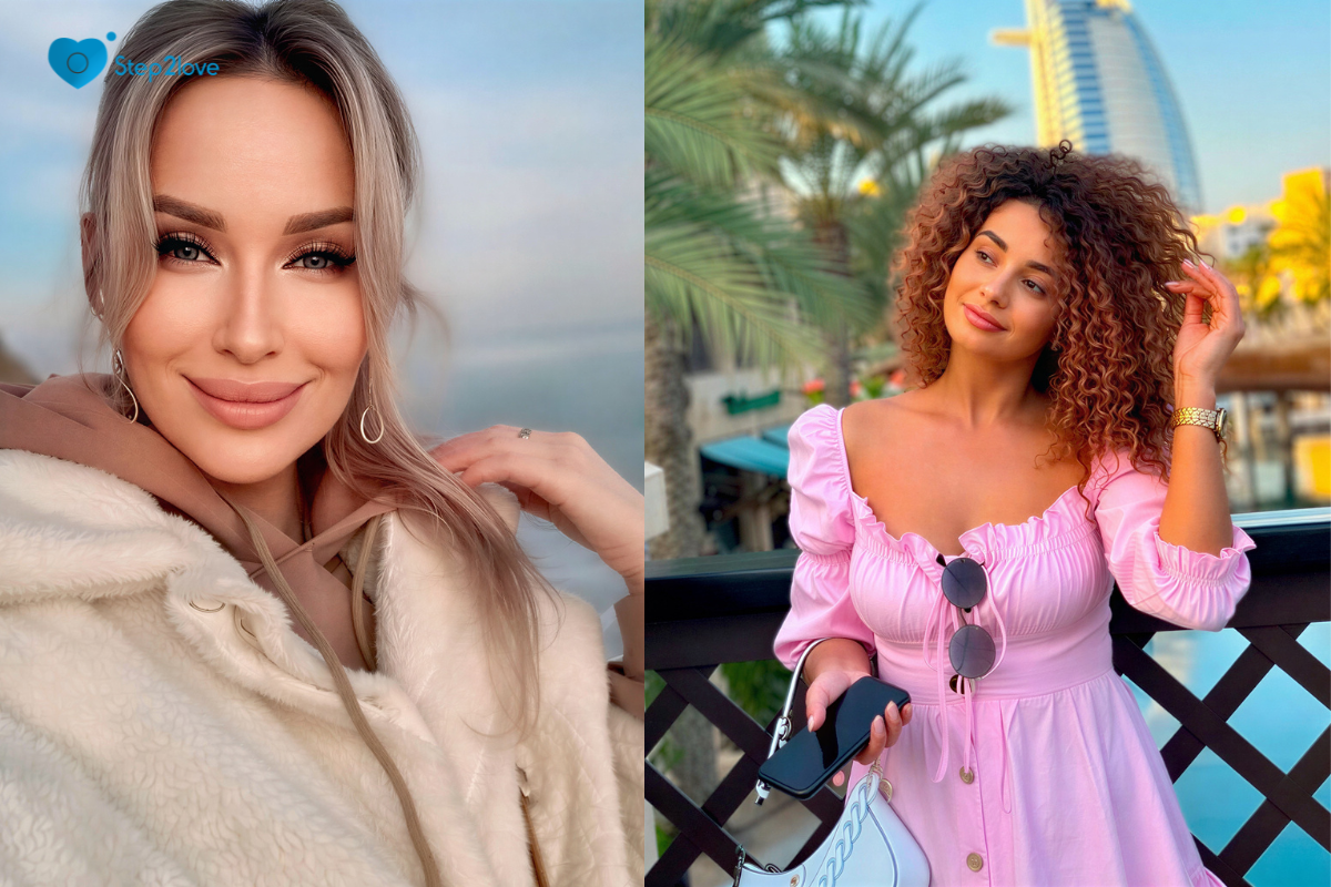 Split-screen: blonde woman in fluffy coat, and woman with curly hair in pink dress