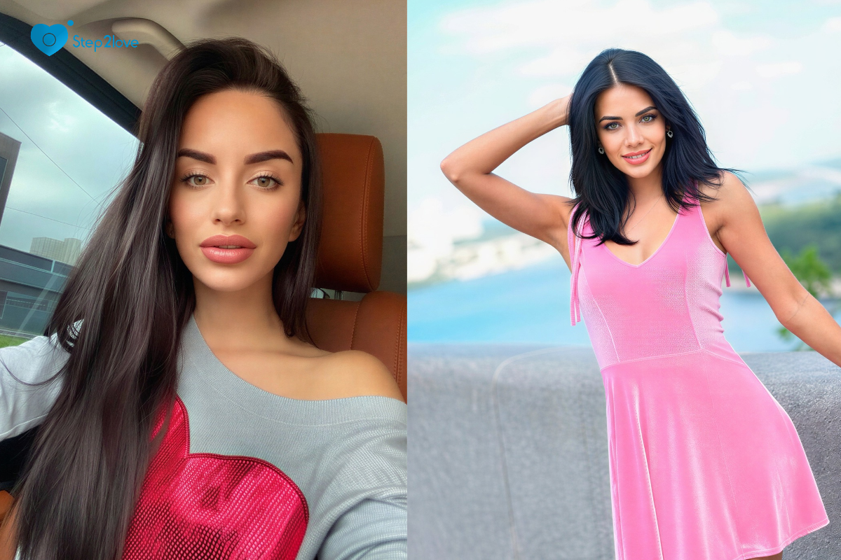 Split-screen: dark-haired woman taking car selfie, and brunette woman in pink dress posing outdoors.