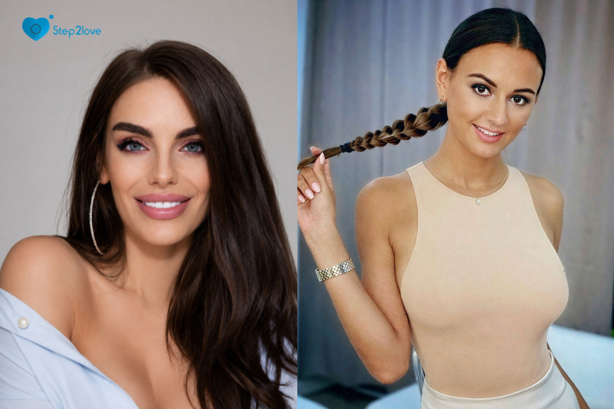 Step2Love split-screen portraits: two smiling brunette women with long dark hair and professional makeup.