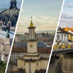 Step2Love collage of Ukrainian cityscapes: Lviv Opera House, city hall tower, and a bridge over a river.