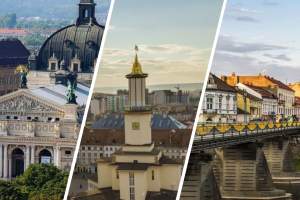 Step2Love collage of Ukrainian cityscapes: Lviv Opera House, city hall tower, and a bridge over a river.