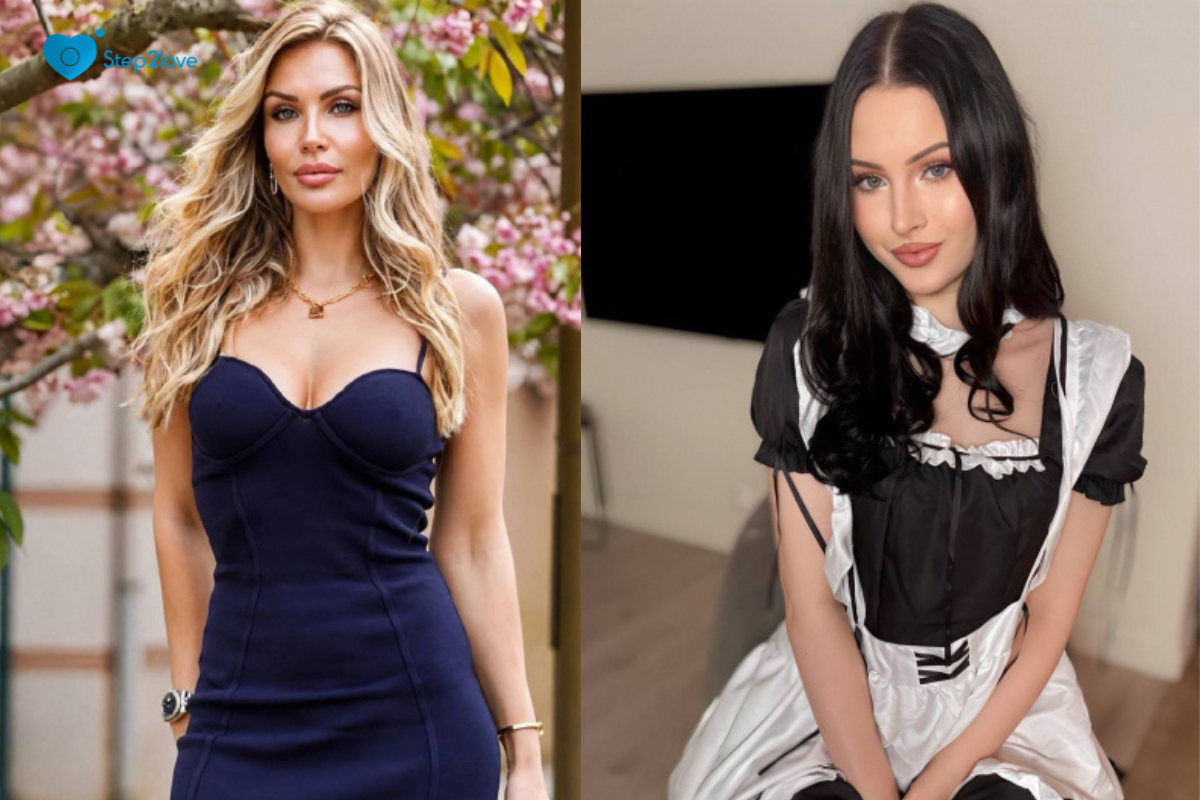 Step2Love split-screen portraits: blonde woman in a dark blue dress outdoors and brunette woman in a black and white maid costume.