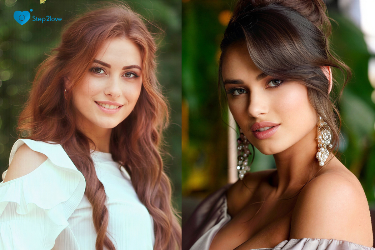 Step2Love split-screen: portrait of a smiling woman with long wavy reddish hair, and a portrait of an elegant brunette in an off-shoulder dress.