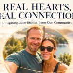Three circular frames showing happy couples outdoors with text about real love stories.