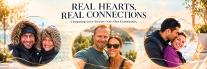 Three circular frames showing happy couples outdoors with text about real love stories.