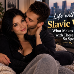 Man kissing a woman on the cheek cozy indoors with text Life with a Slavic Wife against a city evening background.